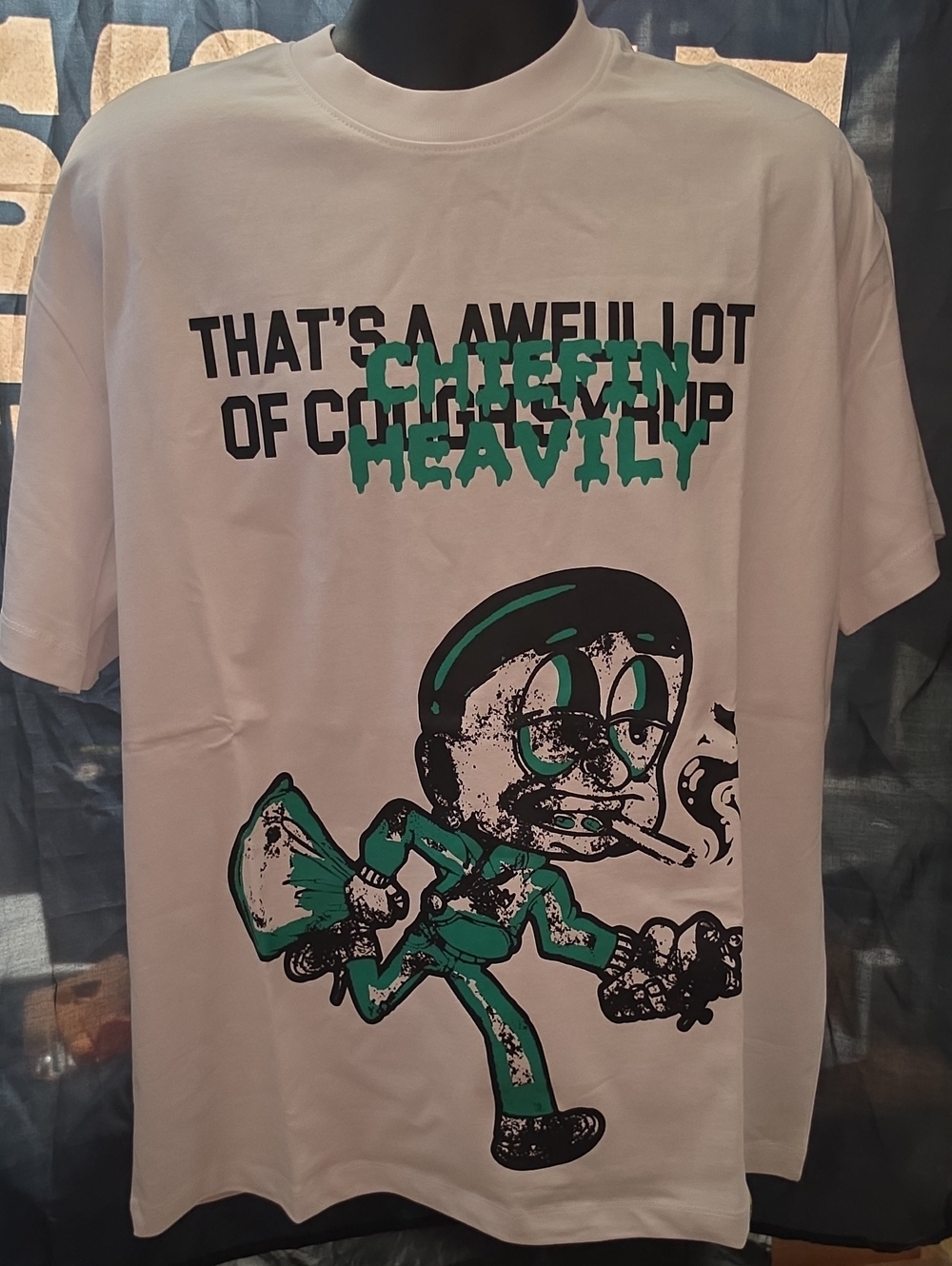 Men's Graphic Tee - White with Green Cartoon Print